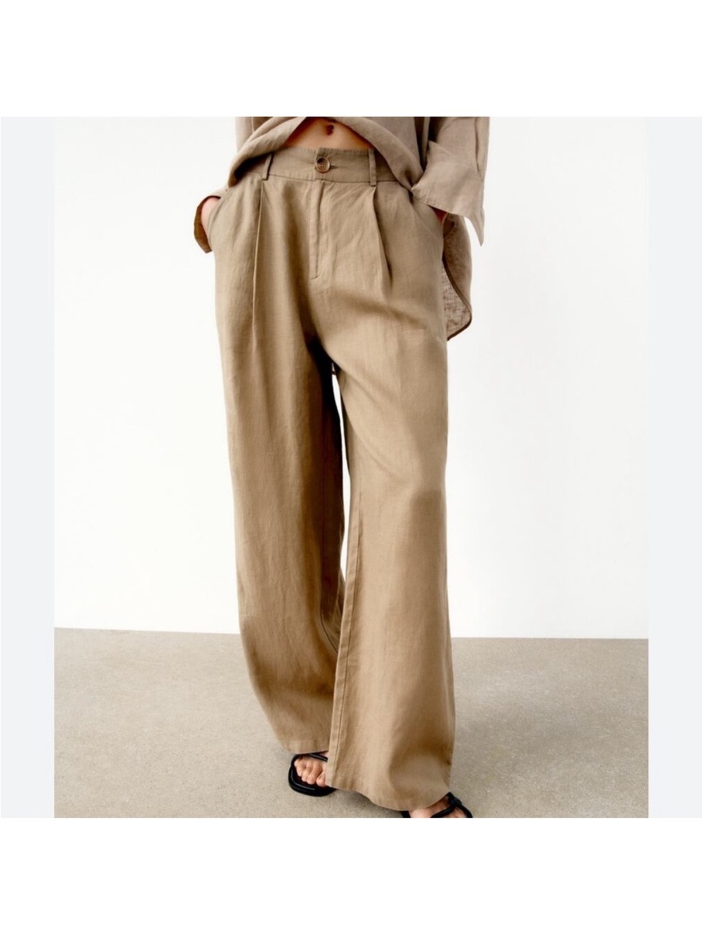 Zara Wide-Leg High-Waist Trousers - Beige